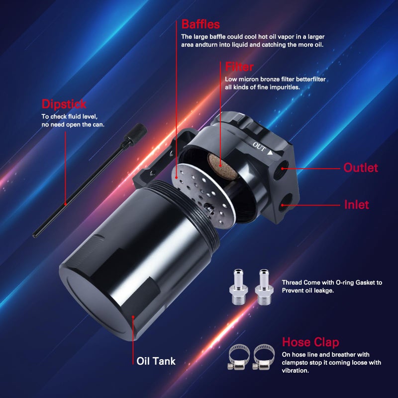 SPEEDWOW Universal Oil Catch Can Tank Filter Baffled With Hose Kit, 300ML(Black) - Image 2